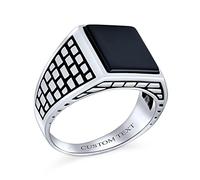 Personalize Retro Classic Elegant Cobble Stone Brick Accent Black Onyx Gemstone Rectangle Signet Ring For Men Heavy Oxidized .925 Sterling Silver Handmade In Turkey Custom Engraved