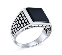 Personalize Retro Classic Elegant Cobble Stone Brick Accent Black Onyx Gemstone Rectangle Signet Ring For Men Heavy Oxidized .925 Sterling Silver Handmade In Turkey