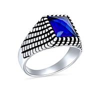Personalize Retro Classic Elegant Cobble Stone Brick Accent Rectangle Simulated Royal Blue Sapphire Signet Ring For Men Oxidized .925 Sterling Silver Handmade In Turkey