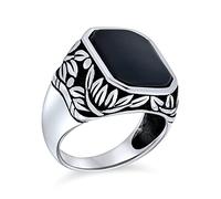 Personalize Retro Vintage Style Elegant Leaf Vine Accent Black Onyx Gemstone Octagon Rectangle Signet Ring Western Jewelry For Men Heavy Oxidized .925 Sterling Silver Handmade In Turkey
