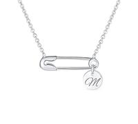 Personalize Script Initial Alphabet Letter M Support Symbol For displaced people Solidarity Round Circle Disc Sideways Safety Pin Necklace Pendant For Women Teen .925 Sterling Silver Custom Engraved