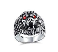 Personalize Statement Simulated Red Ruby Eyes Roaring King Of Jungle Lion Ring For Men Solid Oxidized .925 Sterling Silver Handmade In Turkey