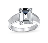 Personalize Timeless Classic Art Deco Style 3CT AAA CZ Solitaire Rectangle Radiant Emerald Cut Engagement Ring For Women .925 Sterling Silver Plain Wide Band Customizable