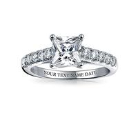 Personalize Timeless Classic Simple AAA CZ Square Princess Cut Solitaire Promise Engagement Ring For Women .925 Sterling Silver Cubic Zirconia Pave Side Stone Band Custom Engraved