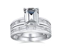 Personalize Traditional Art Deco Style 2CT Emerald Cut Baguette Wedding Band AAA CZ Anniversary Engagement Ring Set For Women .925 Sterling Silver Customizable