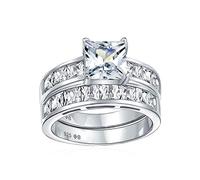 Personalize Traditional Brilliant Princess Cut Solitaire Side Stonecat CZ Square Anniversary Band Engagement Wedding Ring Set For Women .925 Sterling Silver Customizable