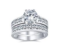 Personalize Traditional Simple Round Solitaire Brilliant Cut AAA CZ Side Stone Princess Cut Band Anniversary Engagement Wedding Ring Set For Women .925 Sterling Silver Customizable