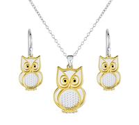 Personalize Two Tone Bird Animal Wise Graduate Dangling Owl Pendant Necklace Dangle Earrings Jewelry Set For Teen For Women Teen Yellow Gold Plated .925 Sterling Silver Customizable