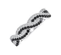 Personalize Two Tone Intertwined Twist Knot 1/2 Eternity Black & White Pave Cubic Zirconia CZ Infinity Band Ring For Women Girlfriend .925 Sterling Silver Customizable