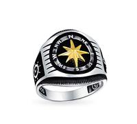 Personalize Two Tone Mens Nautical Boat Wheel Rose Viking Compass Signet Ring For Men Black Gold-Tone Plated .925 Sterling Silver Handmade In Turkey Customizable