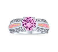 Personalize Unique Pink AAA CZ Round Brilliant Cut Solitaire Engagement Ring For Women .925 Sterling Silver Created Opal Inlay Wide Band Customizable