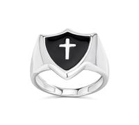 Personalize Unisex Black Onyx Inlay Religious Christian Shield Cross Signet Ring For Women Men Teens .925 Sterling Silver Customizable