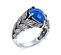 Personalize Unisex Men's Vintage Style Large Statement Oval Simulated Blue Sapphire CZ Cubic Zirconia Tapered Vine Leaf Set Ring Western Jewelry For Men Oxidized .925 Silver Handmade In Turkey