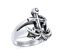 Personalize Unisex Tropical Beach Vacation Sailor Boat Nautical Sea Lover Ocean Rope Open Mariners Anchor Band Ring For Men Teen Oxidized 925 Sterling Silver Made in Turkey Custom Engraved