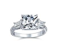 Personalize Vintage Antique Style AAA CZ Baguette Side Stones Solitaire Square Brilliant Princess Cut Engagement Ring For Women Milgrain Filigree Band .925 Sterling Silver Customizable