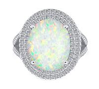 Personalize Vintage Style Gemstone Iridescent White Created Opal LARGE Oval Split Shank Pave CZ Accent Double Halo Statement Ring Women .925 Sterling Silver October Birthstone Customizable