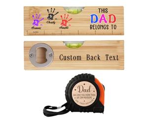 Personalized 1-10 Handprints Name Spirit Level Bottle Opener Custom Dad We Love You More That We Can Measure Measuring Tape This Dad Belongs to Wooden Spirit Level Gifts for Fathers Day
