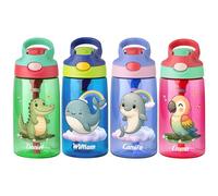 Personalized 16oz Kids Water Bottle Custom Name Cartoon Animal on Water Bottle for Girls Boys with Silicone Straw and Handle, Leak-Proof Pop-Up Spout Cover, Sport Tumblers Gifts for School Travel