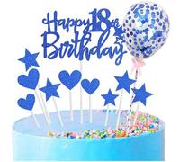 Personalized 18th Birthday Cake Topper Set in Blue - 11 Piece Glitter Cupcake Decorations for Boy, Girl, Kids Party Supplies