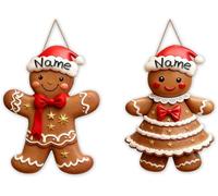 Personalized 2 Pcs Gingerbread Christmas Decorations Custom Name Wooden Welcome Hanging Sign for Front Door Home Porch Walls Yard Indoor Outdoor Xmas Ginger Bread Decor