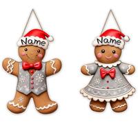 Personalized 2 Pcs Gingerbread Christmas Decorations Custom Name Wooden Welcome Hanging Sign for Front Door Home Porch Walls Yard Indoor Outdoor Xmas Ginger Bread Decor