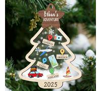 Personalized 2025 Travel Ornament with World Map Custom Name Location Destination Keepsake, Custom Travel-Themed Christmas Tree Decoration for Traveler (wood tree 1pcs)
