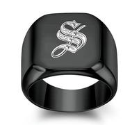 Personalized 26 English Initials Titanium Steel Ring For Men, Retro Punk Square 18mm Black Trendy Man