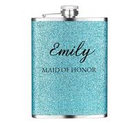 Personalized 6oz Glitter Hip Flask for Women, Custom Name Stainless Steel Liquor Flask Gift for Bridesmaid, Bachelorette Party, Birthday, Valentine's Day, Wedding, Mother's Day (Blue)