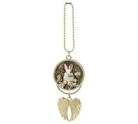 Personalized A Beautiful White Rabbit Car Rearview Mirror Ornament Double Side Custom Photo Picture Car Hanging Pendant Accessories Alloy Angel Wings Vehicle Decoration Golden