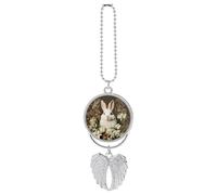 Personalized A Beautiful White Rabbit Car Rearview Mirror Ornament Double Side Custom Photo Picture Car Hanging Pendant Accessories Alloy Angel Wings Vehicle Decoration Silver
