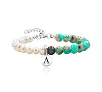 Personalized A to Z Letters Initial Bracelets, Natural Freshwater Pearls and Green Matte Amazonite Bead Bracelet, Pearl and Matte Amazonite, Cubic Zirconia