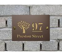 Personalized Acrylic House Sign - Custom Address Plaque with Hibiscus Flowers, Floral Design, Birds, Dachshund, Dragonfly, Blooming Plant & Stylized Tree - Modern Nature Door Sign (Stylized Tree)