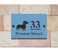 Personalized Acrylic House Sign - Custom Address Plaque with Hibiscus Flowers, Floral Design, Birds, Dachshund, Dragonfly, Blooming Plant & Stylized Tree - Modern Nature Door Sign (Dachshund Dog)