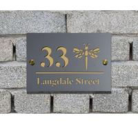 Personalized Acrylic House Sign - Custom Address Plaque with Hibiscus Flowers, Floral Design, Birds, Dachshund, Dragonfly, Blooming Plant & Stylized Tree - Modern Nature Door Sign (Dragonfly)