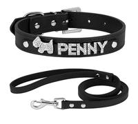 Personalized Adjustable Anti-Loss Rhinestone Dog Collar Leash Set Custom PU Leather Pet Collar,Black Set,S