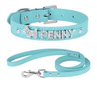 Personalized Adjustable Anti-Loss Rhinestone Dog Collar Leash Set Custom PU Leather Pet Collar,Blue Set,M