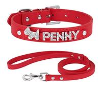 Personalized Adjustable Anti-Loss Rhinestone Dog Collar Leash Set Custom PU Leather Pet Collar,Red Set,S