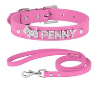 Personalized Adjustable Anti-Loss Rhinestone Dog Collar Leash Set Custom PU Leather Pet Collar,Rose Set,L