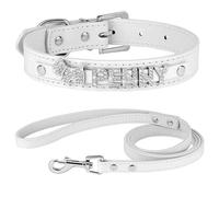 Personalized Adjustable Anti-Loss Rhinestone Dog Collar Leash Set Custom PU Leather Pet Collar,White Set,S