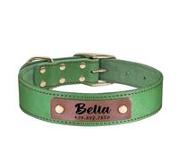 Personalized Adjustable Leather Dog Collar With ID Name Phone Number Tag For Bulldog Shiba Inu Shepherd Greyhound,Green,XL