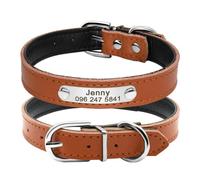 Personalized Adjustable Leather Lined Cat Dog Collar With ID Tag Nameplate For Shiba Inu Poodle Beagle Pug Chihuahua,Coffee,XS