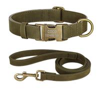 Personalized Adjustable PU Leather Dog Name Phone Number Collar And Leash Set For Bulldog Beagle Labrador Shiba Inu,Green A,M