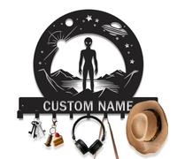 Personalized Alien Entryway Wall Key Holder, Metal Sci-Fi Key Hanger Mount with Galaxy UFO, Unique Space Themed Decor, Cosmic Wall Organizer and Coat Hooks (Alien-2)