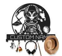 Personalized Alien Entryway Wall Key Holder, Metal Sci-Fi Key Hanger Mount with Galaxy UFO, Unique Space Themed Decor, Cosmic Wall Organizer and Coat Hooks (Alien-3)