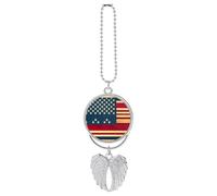 Personalized American Flag Print Car Rearview Mirror Ornament Double Side Custom Photo Picture Car Hanging Pendant Accessories Alloy Angel Wings Vehicle Decoration Silver