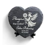 Personalized Angel Flower Memorial Stone - Heart-Shaped 11cm x 11cm Handcrafted Natural Stone Plaque with Name and Dates Engraved - Includes Free Stand - A Thoughtful Tribute for Loved Ones