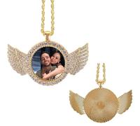 Personalized Angel Wings Photo Necklace, Round Custom Necklace with Picture Inside | Custom Memory Chain Jewelry for Women & Men, Necklace for Hip Hop Jewelry Lovers