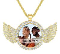 Personalized Angel Wings Photo Necklace, Round Custom Necklace with Picture Inside | Custom Memory Chain Jewelry for Women & Men, Necklace for Hip Hop Jewelry Lovers