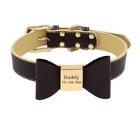 Personalized Anti-lost Adjustable PU Leather Cat Dog Collar With ID Tag Bowknot For Shiba Inu Pug Chihuahua Beagle,brown,S