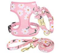 Personalized Anti-Lost Floral Print Breathable Nylon Dog Collar Harness Leash Set For Poodle Shiba Inu Bulldog Labrador,A,S